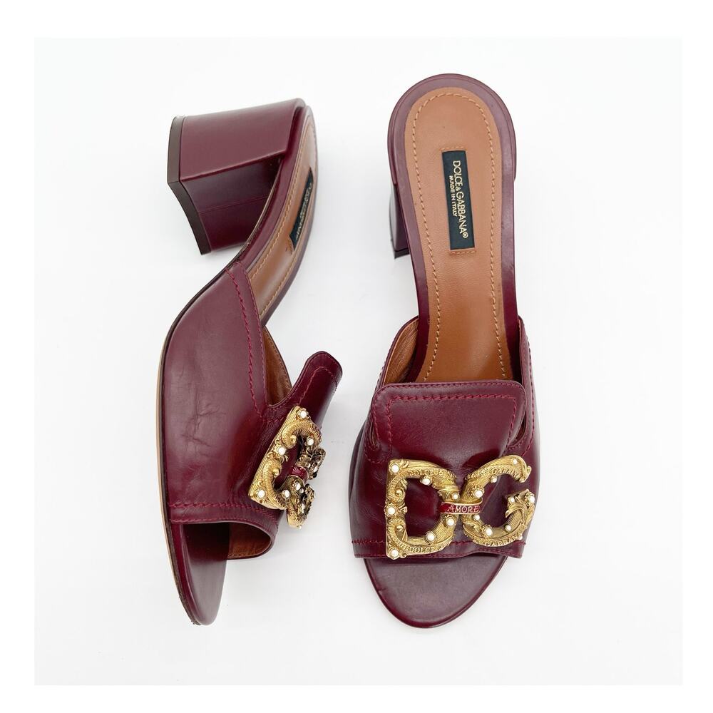Dolce & Gabbana Keira Burgundy DG Amore Pearl Calfskin Slide Mules Sandals IT 38